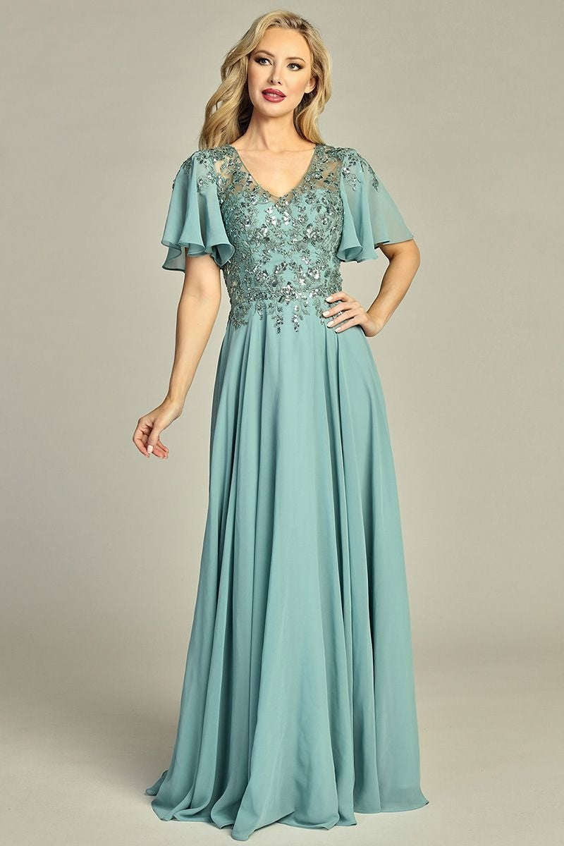 Sage short sleeve chiffon a-line mother of the bride gown, front view