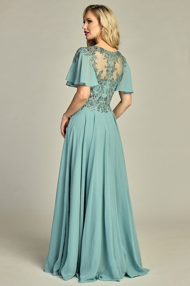 Sage short sleeve chiffon a-line mother of the bride gown, back view