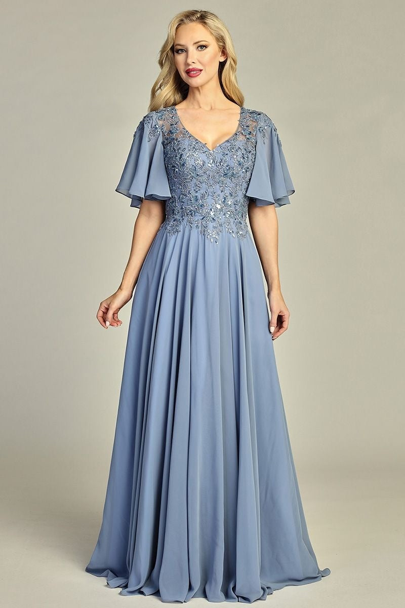 Slate Blue short sleeve chiffon a-line mother of the bride gown, front view