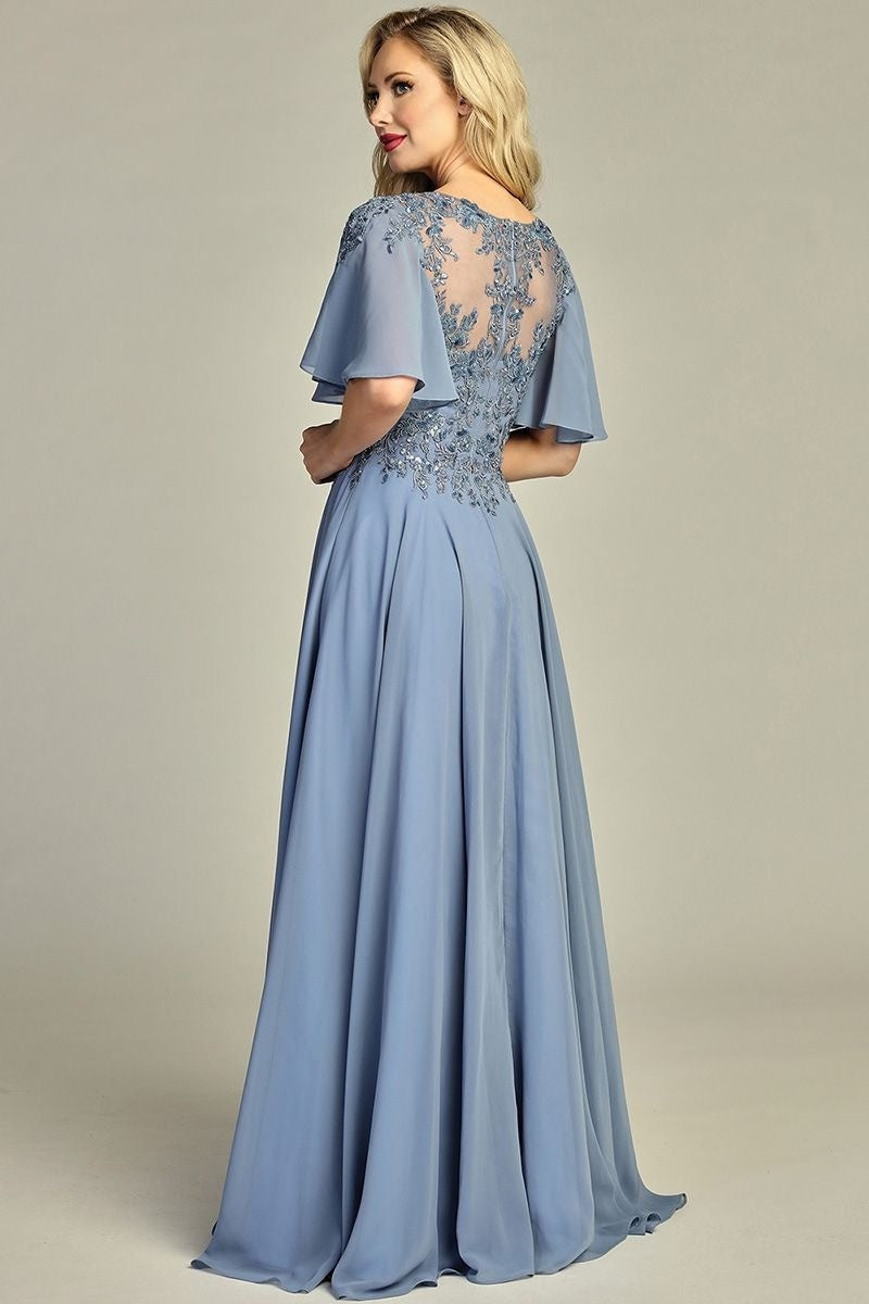 Slate Blue short sleeve chiffon a-line mother of the bride gown, back view
