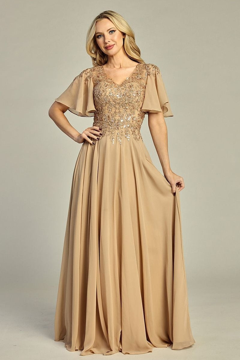 Tan short sleeve chiffon a-line mother of the bride gown, front view