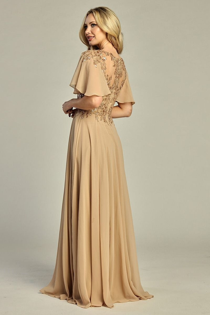 Tan short sleeve chiffon a-line mother of the bride gown, back view