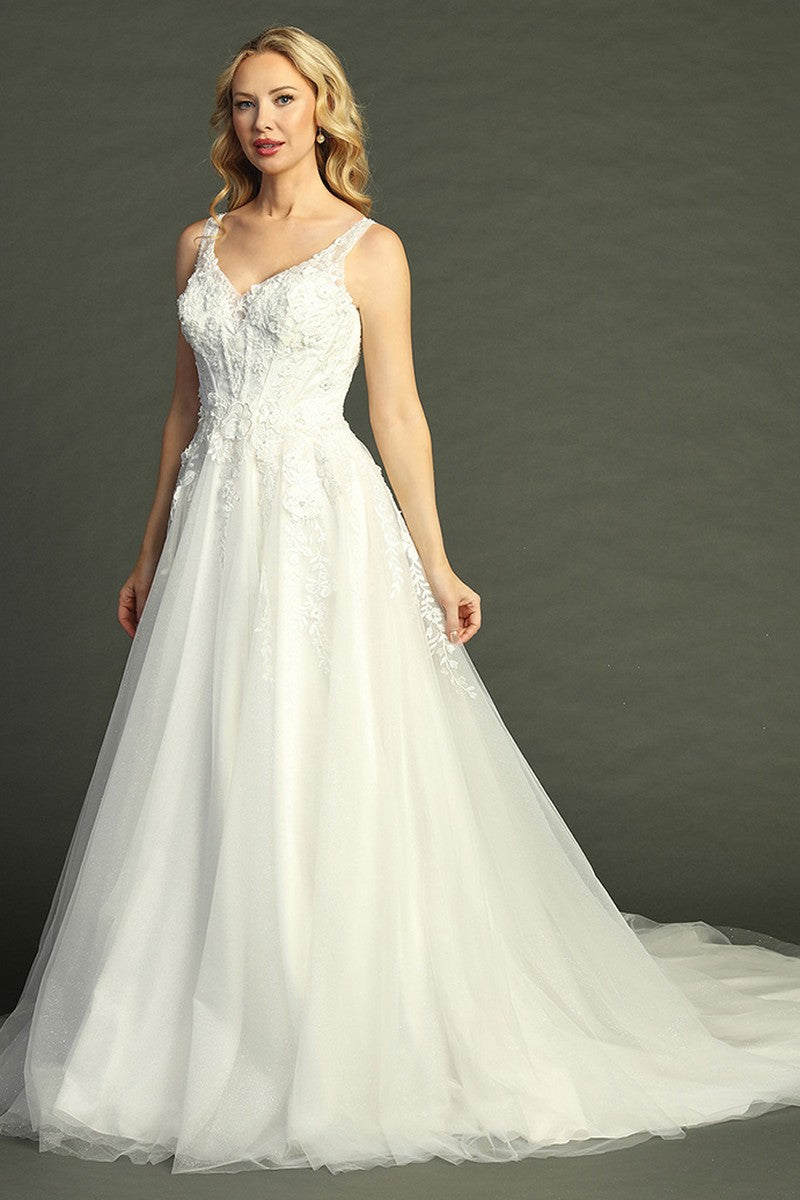 Off White sleeveless lace applique tulle a-line wedding gown, front view