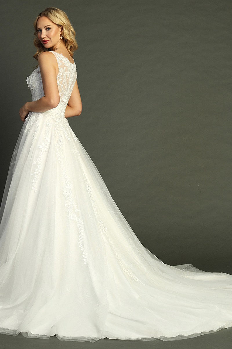Off White sleeveless lace applique tulle a-line wedding gown, back view