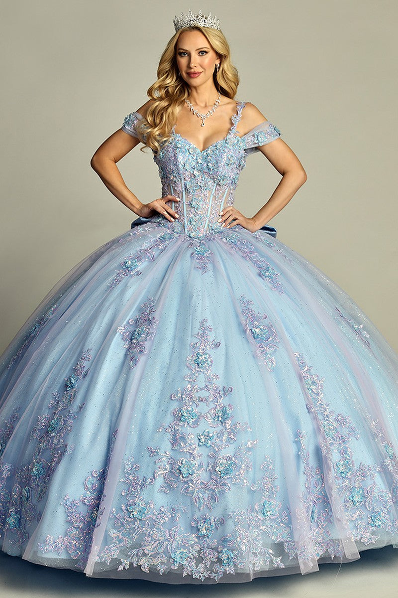 Sky Blue-Lilac sweetheart lace applique tulle quinceanera dress, front view