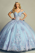 Sky Blue-Lilac sweetheart lace applique tulle quinceanera dress, front view