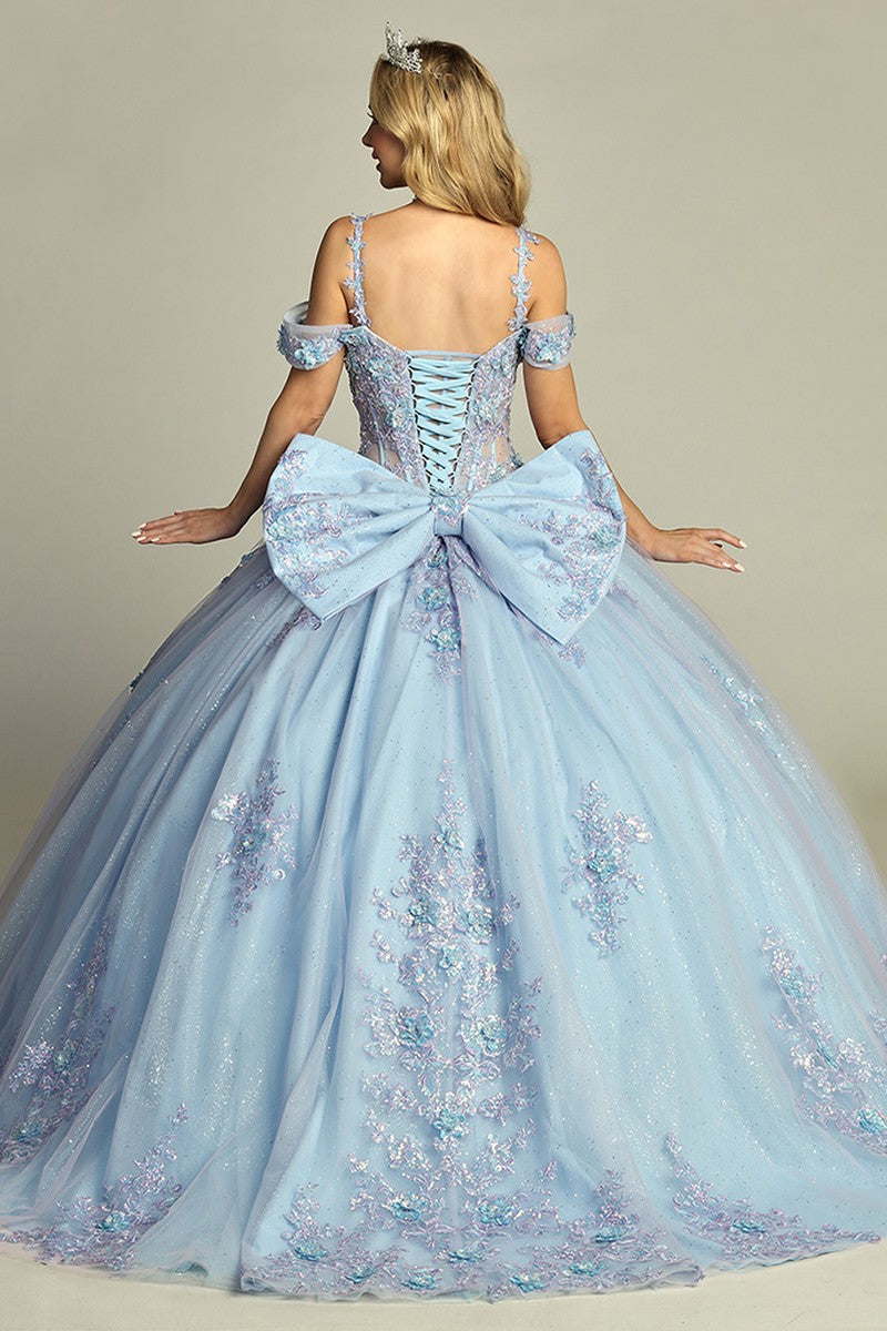 Sky Blue-Lilac sweetheart lace applique tulle quinceanera dress, back view