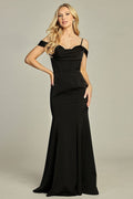 Black off shoulder embellished satin mermaid bridesmaid dress, front view