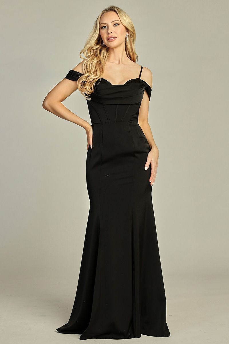 Black off shoulder embellished satin mermaid bridesmaid dress, front view