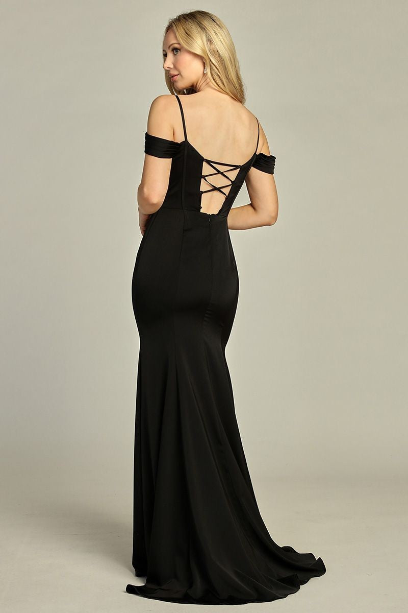 Black off shoulder embellished satin mermaid bridesmaid dress, back view