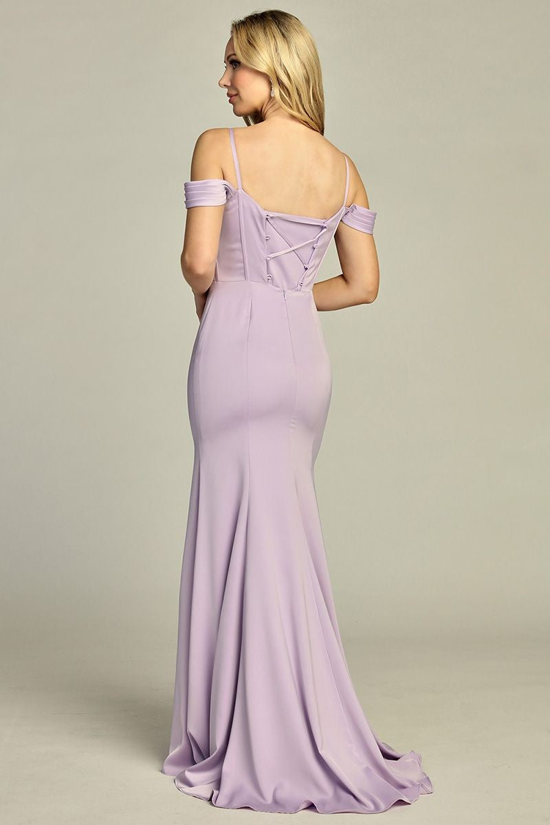 Lilac off shoulder embellished satin mermaid bridesmaid dress, back view