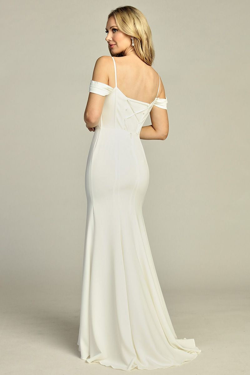 Off White off shoulder embellished satin mermaid bridesmaid dress, back view