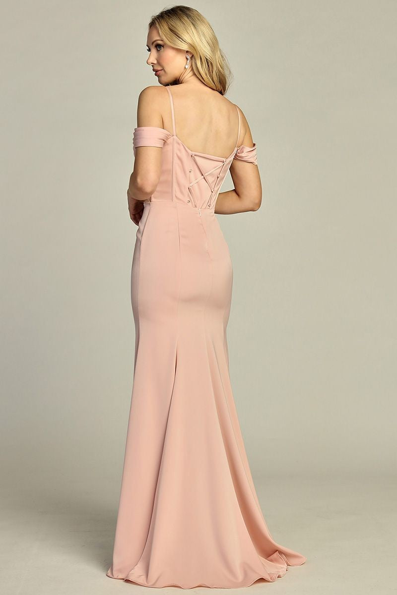 Rose off shoulder embellished satin mermaid bridesmaid dress, back view