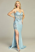 Blue sweetheart lace applique mermaid prom gown, front view