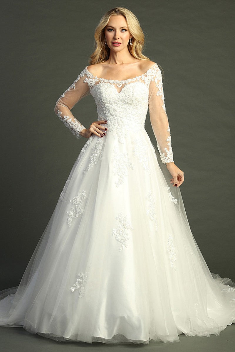 Off White long sleeve tulle a-line wedding gown, front view