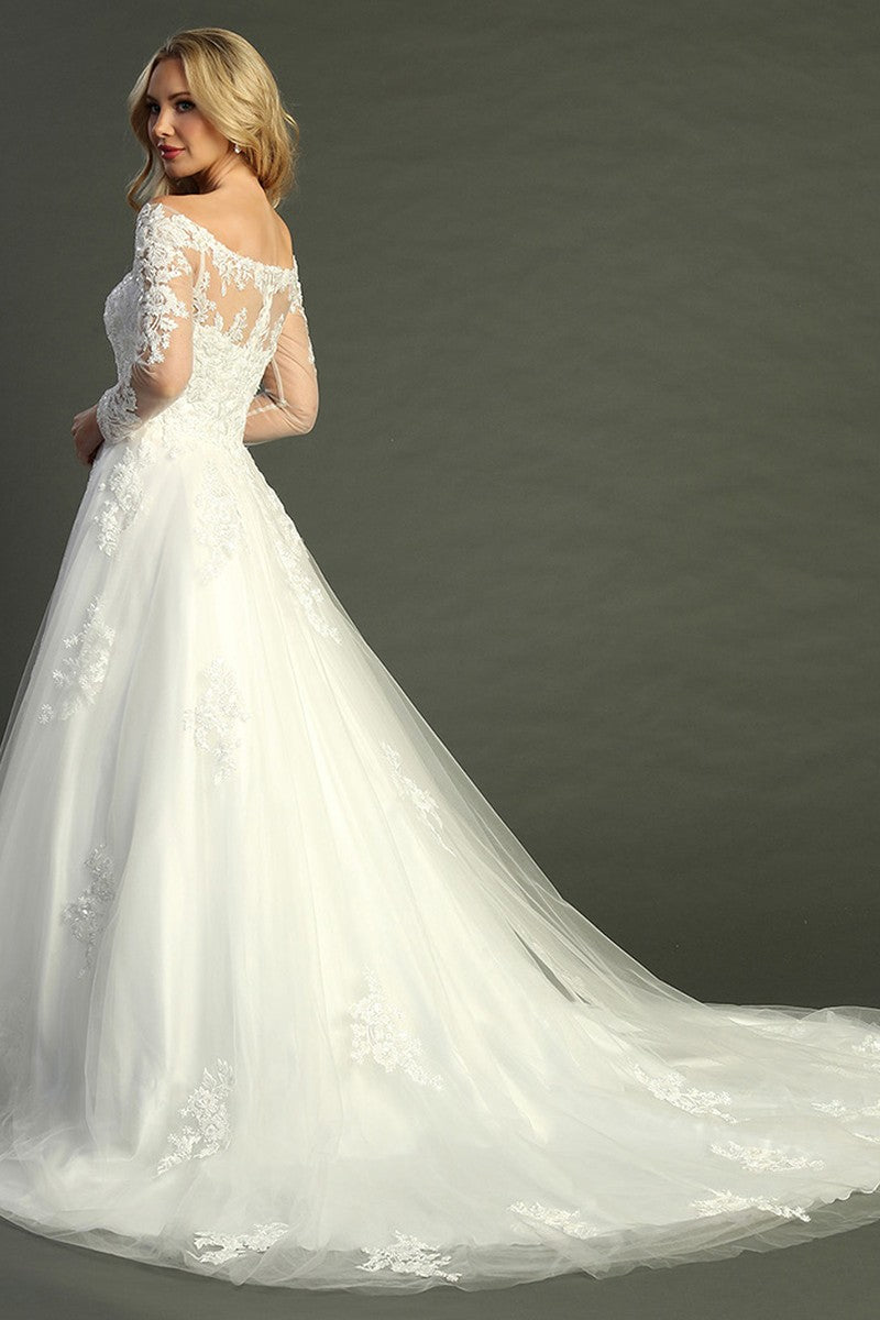Off White long sleeve tulle a-line wedding gown, back view
