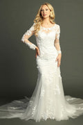 Off White long sleeve lace applique mermaid wedding gown with sweep train, front view