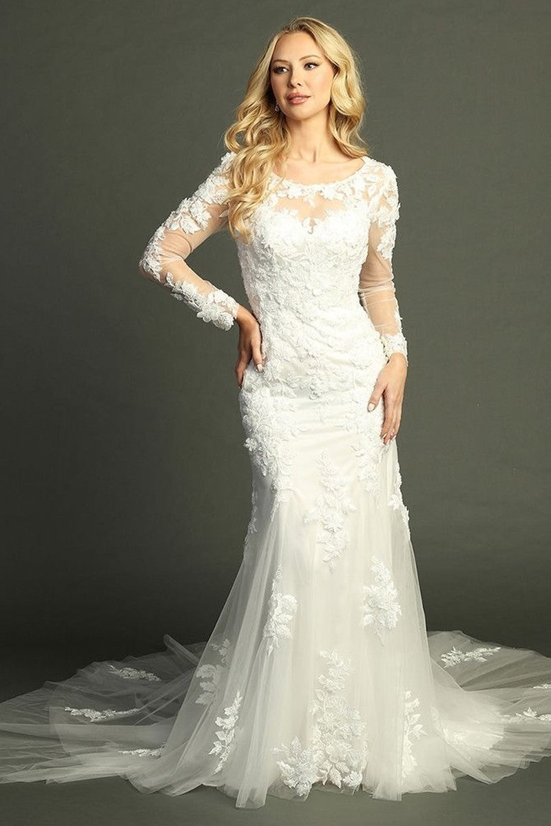 Off White long sleeve lace applique mermaid wedding gown with sweep train, front view