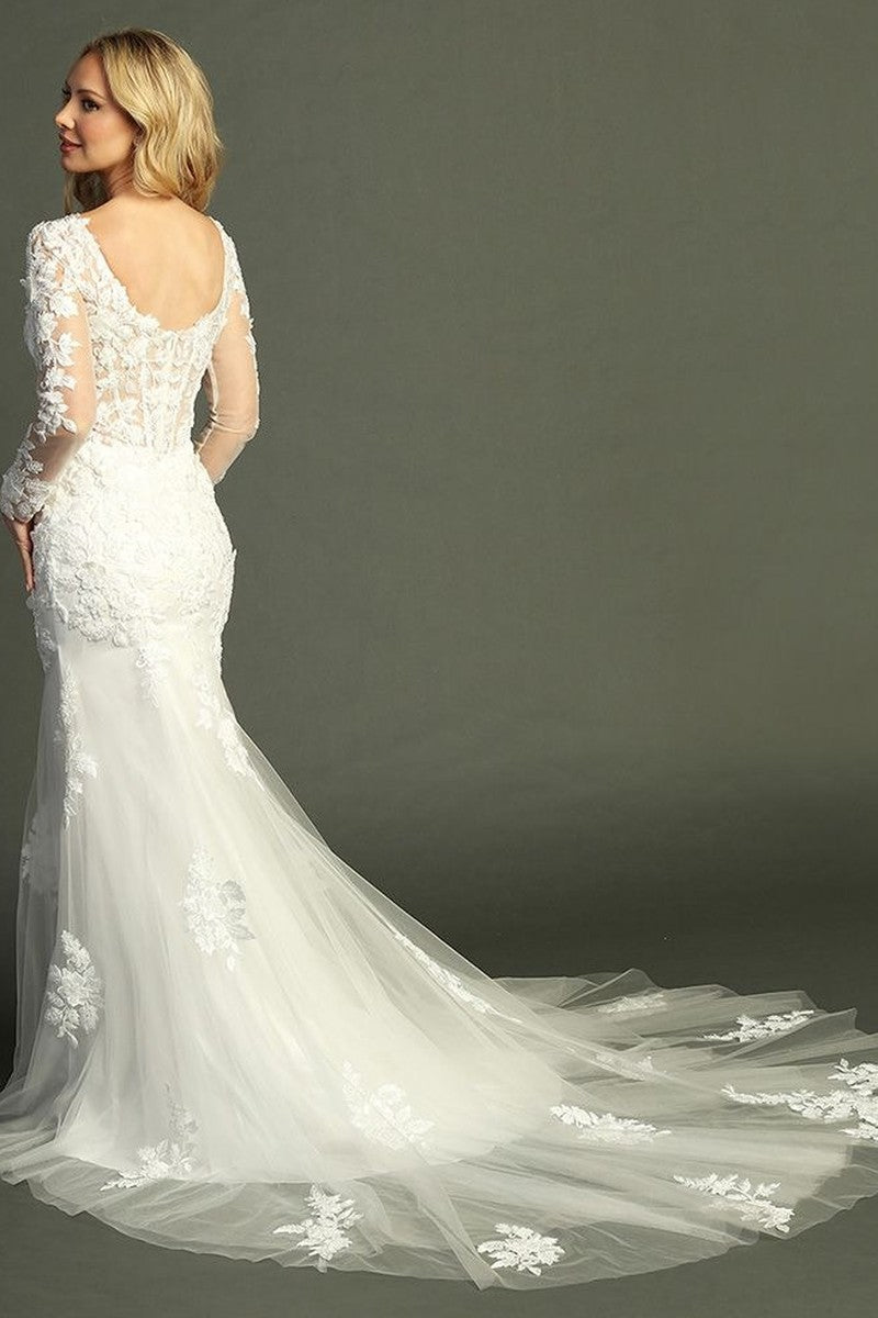 Off White long sleeve lace applique mermaid wedding gown with sweep train, back view