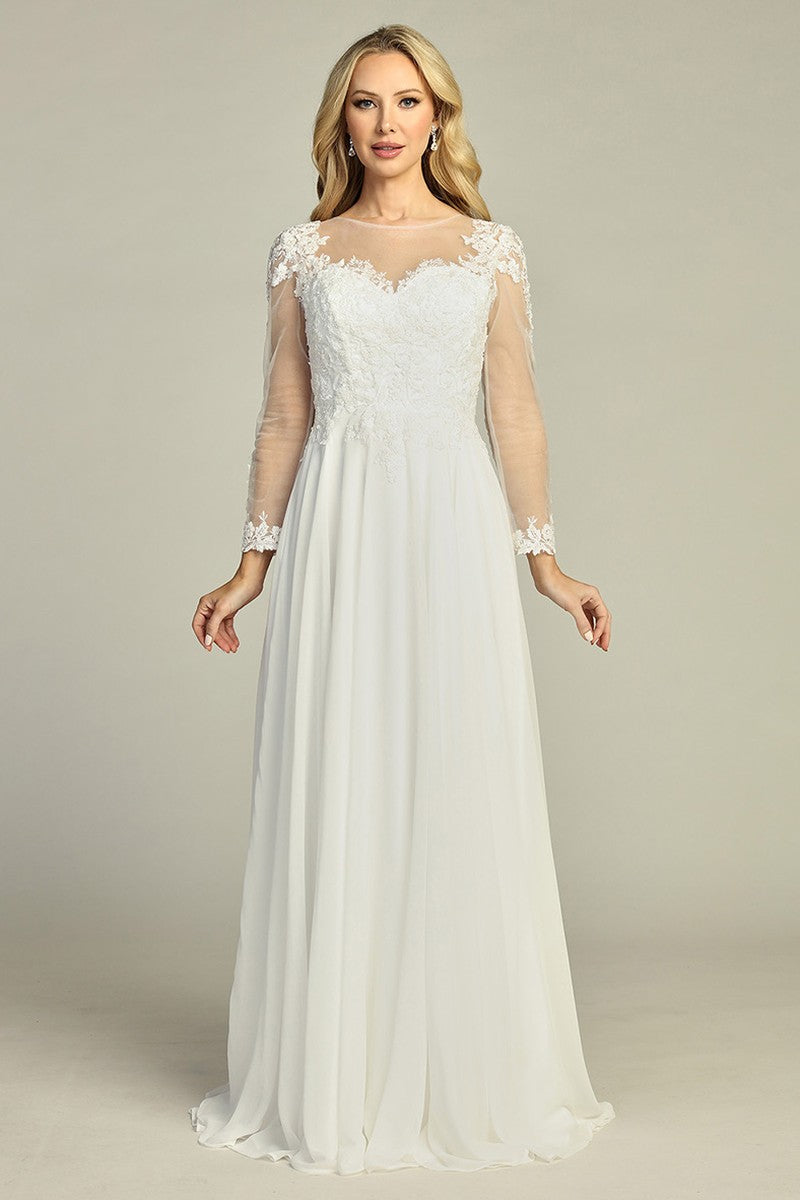 Off White long sleeve chiffon a-line wedding gown, front view