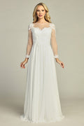 Off White long sleeve chiffon a-line wedding gown, front view