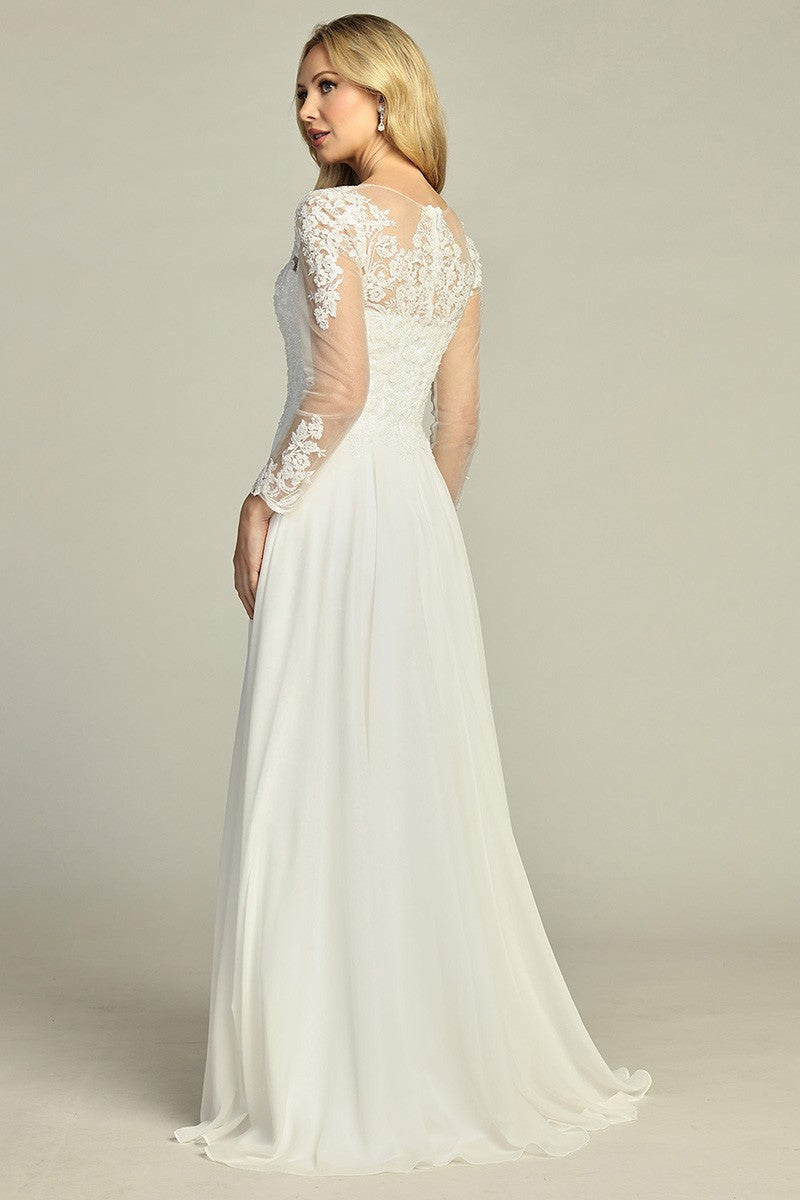 Off White long sleeve chiffon a-line wedding gown, back view
