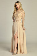 Champagne long sleeve chiffon a-line mother of the bride gown, front view