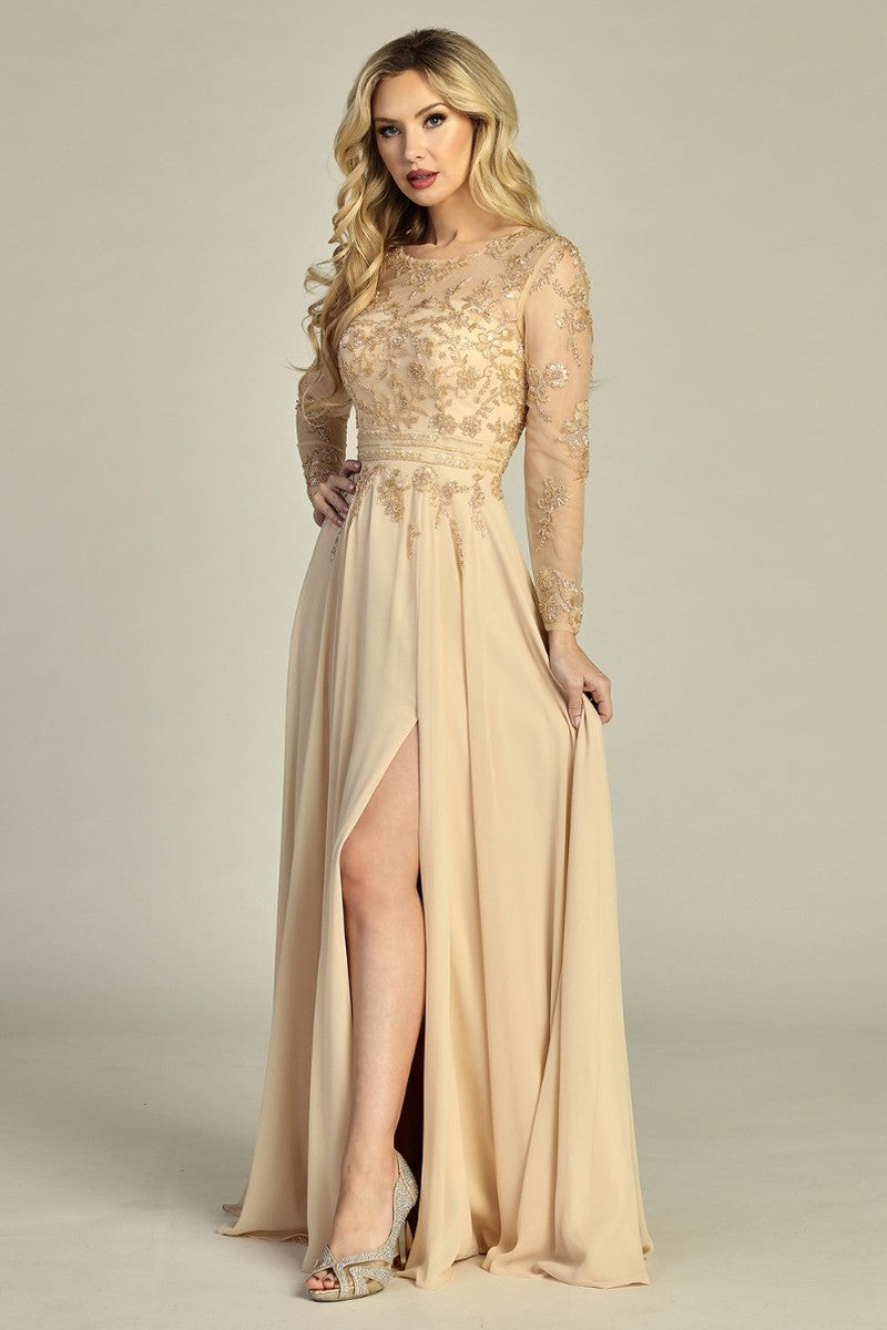 Champagne long sleeve chiffon a-line mother of the bride gown, front view