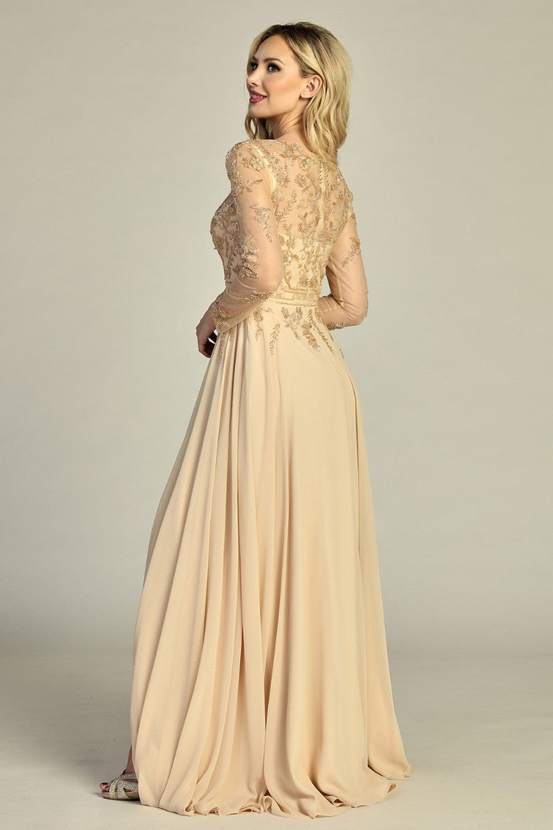 Champagne long sleeve chiffon a-line mother of the bride gown, back view