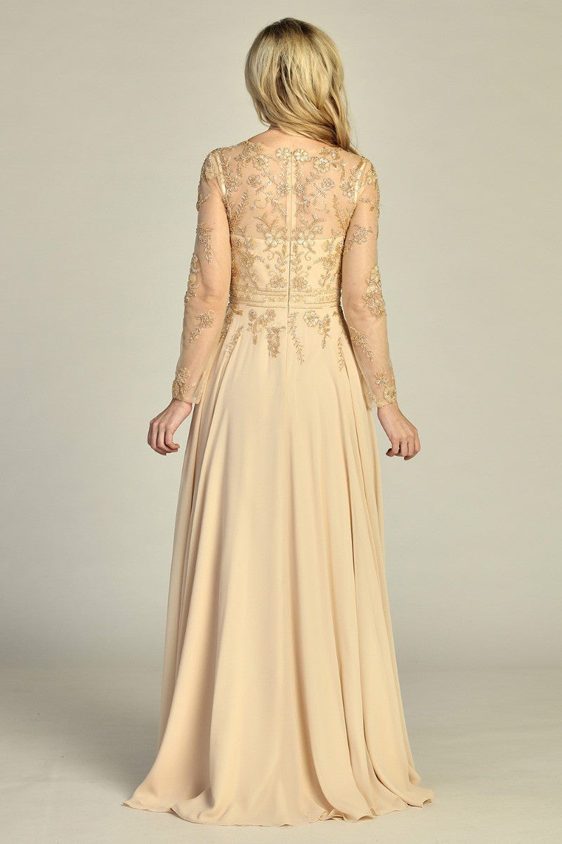 Champagne long sleeve chiffon a-line mother of the bride gown, alternate view
