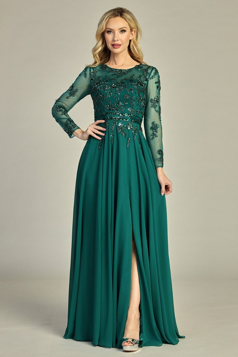 Emerald long sleeve chiffon a-line mother of the bride gown, front view