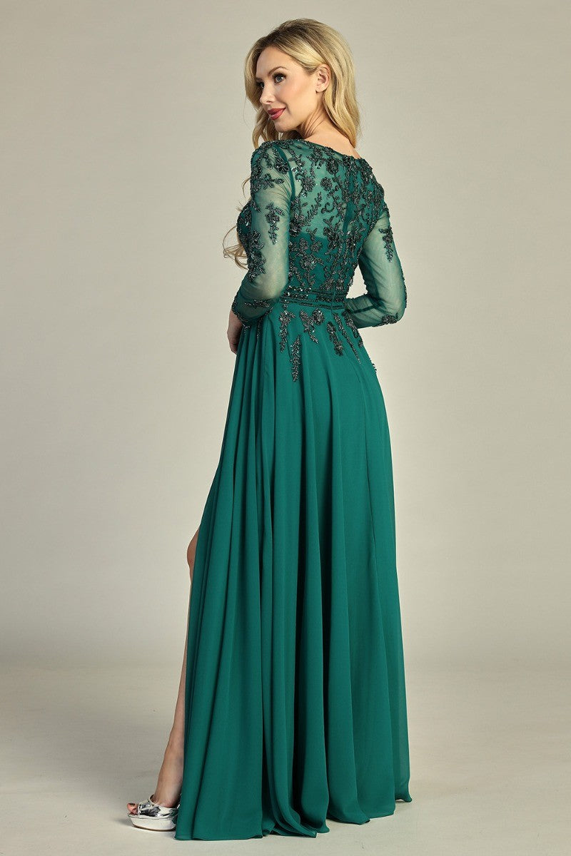 Emerald long sleeve chiffon a-line mother of the bride gown, back view