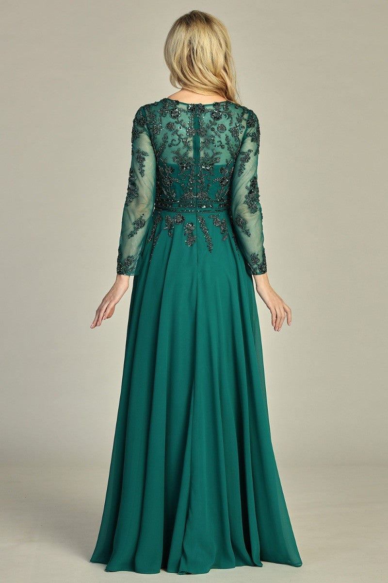Emerald long sleeve chiffon a-line mother of the bride gown, alternate view