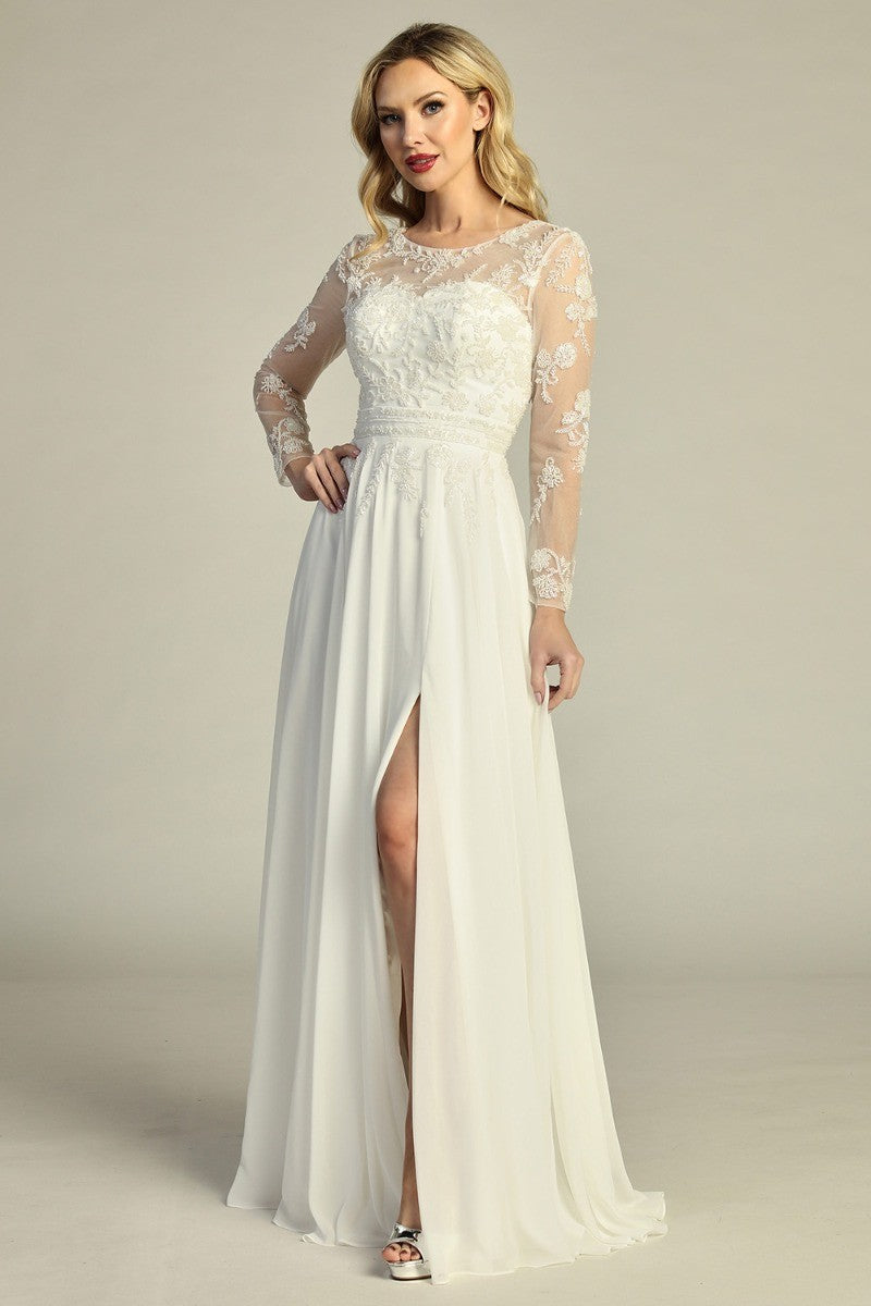 Ivory long sleeve chiffon a-line mother of the bride gown, front view