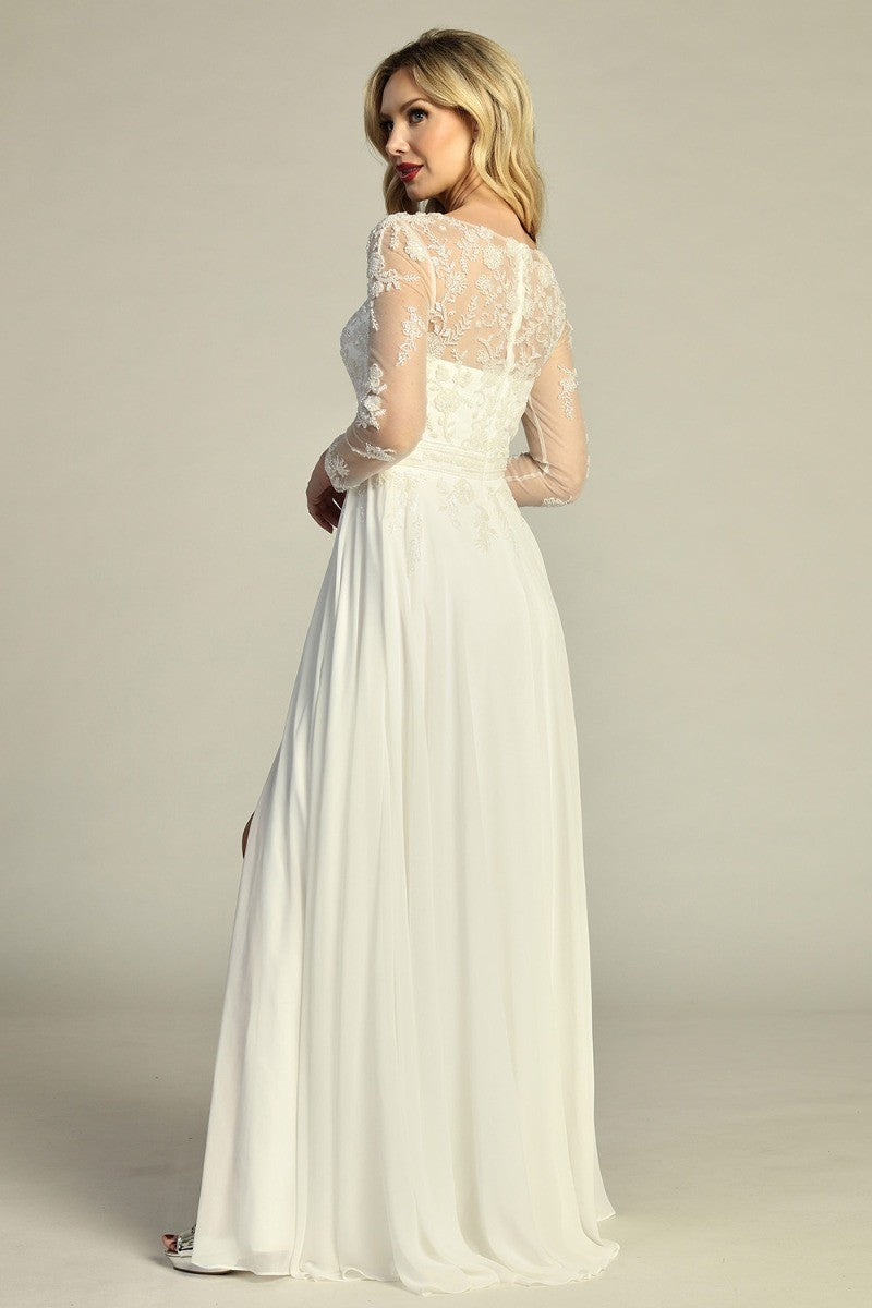 Ivory long sleeve chiffon a-line mother of the bride gown, back view
