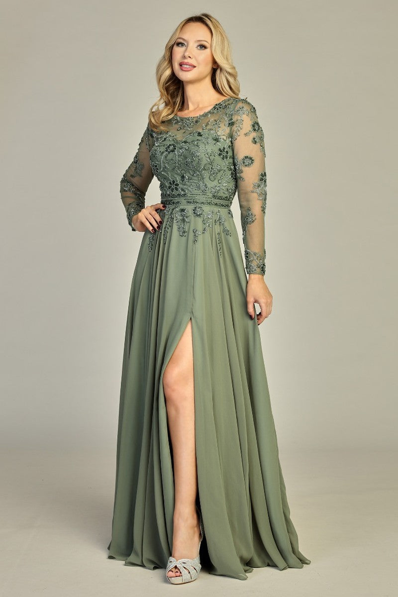 Moss long sleeve chiffon a-line mother of the bride gown, front view