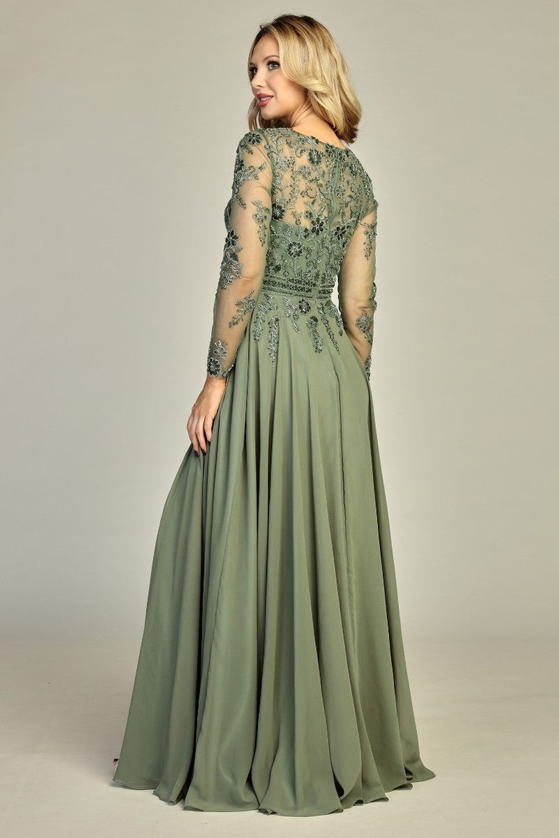 Moss long sleeve chiffon a-line mother of the bride gown, back view