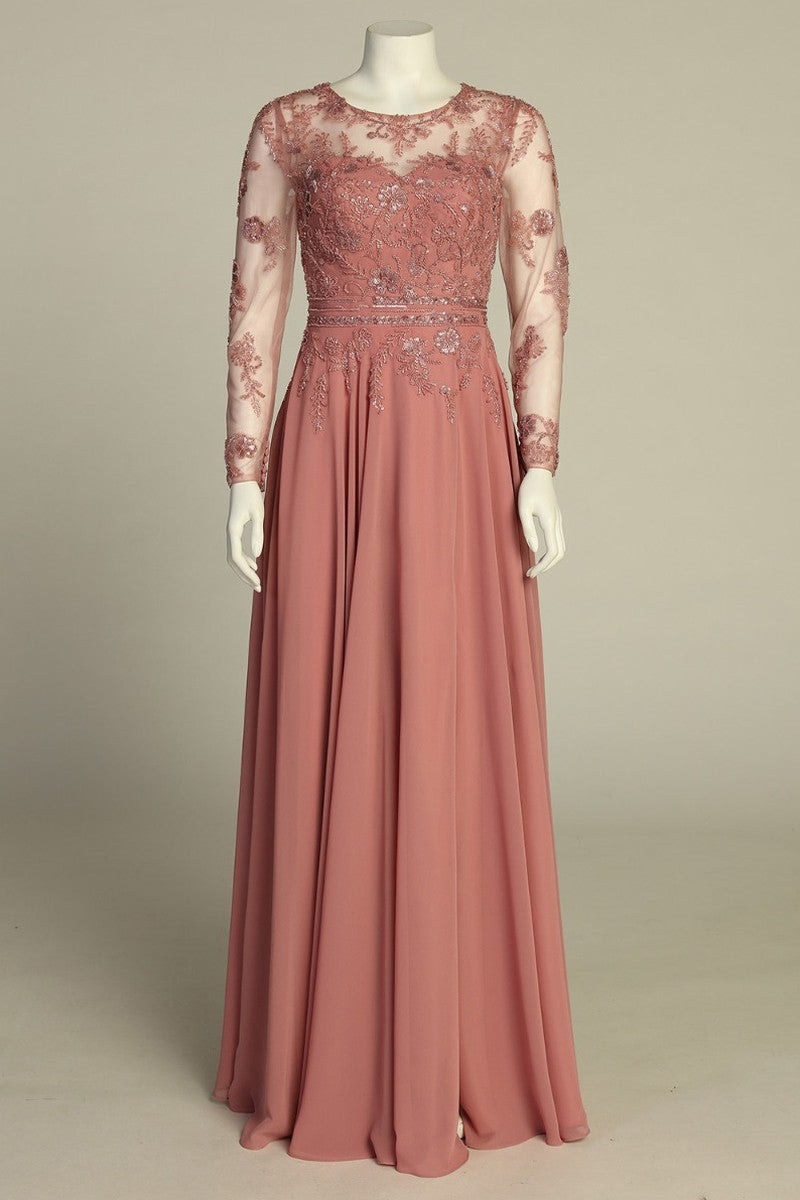 Rose long sleeve chiffon a-line mother of the bride gown, front view