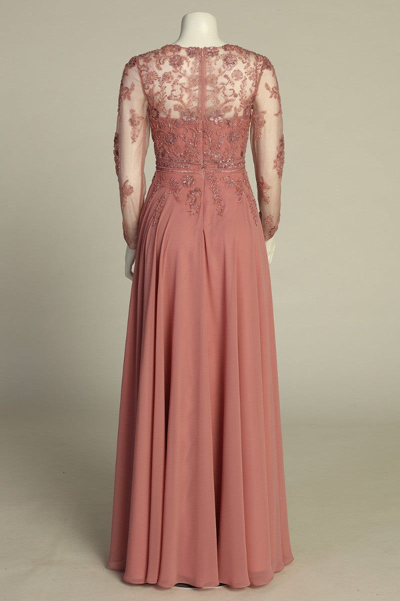 Rose long sleeve chiffon a-line mother of the bride gown, back view