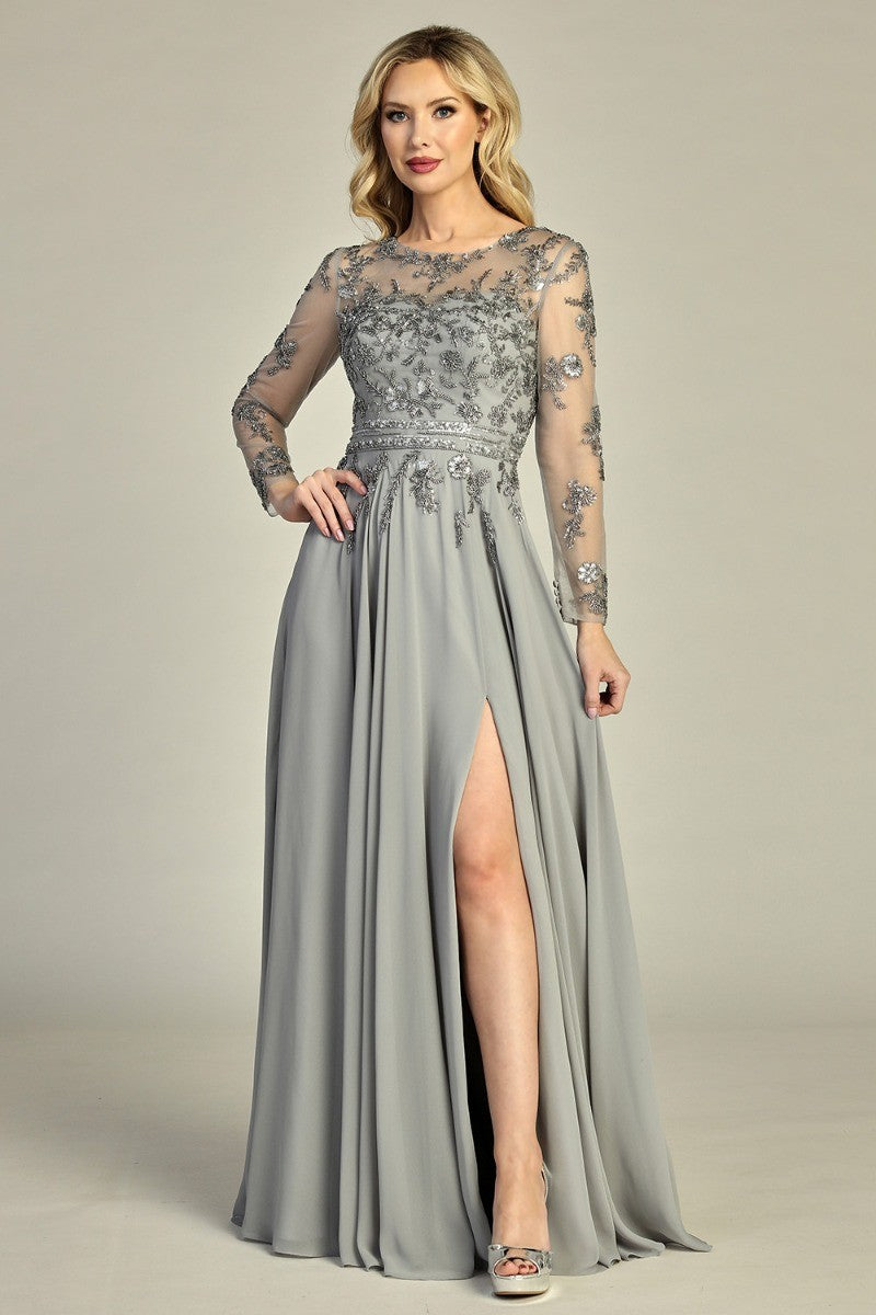 Silver long sleeve chiffon a-line mother of the bride gown, front view