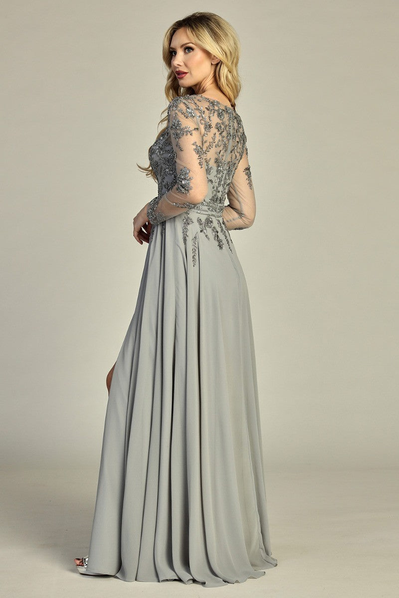 Silver long sleeve chiffon a-line mother of the bride gown, back view