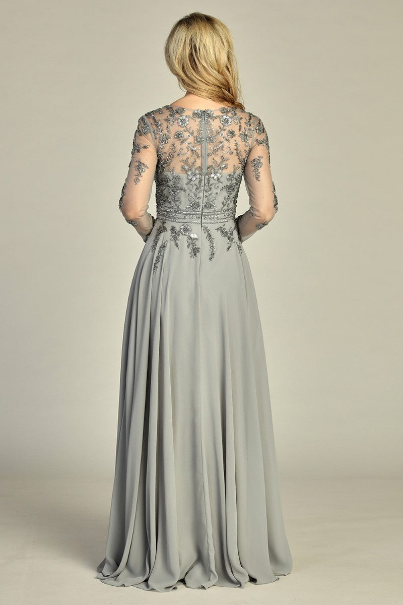 Silver long sleeve chiffon a-line mother of the bride gown, alternate view