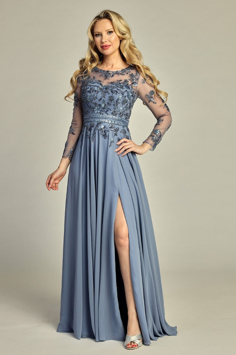Slate Blue long sleeve chiffon a-line mother of the bride gown, front view