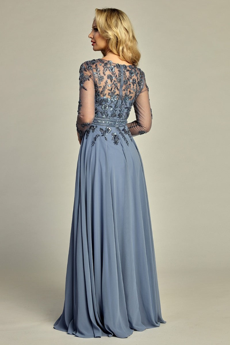 Slate Blue long sleeve chiffon a-line mother of the bride gown, back view
