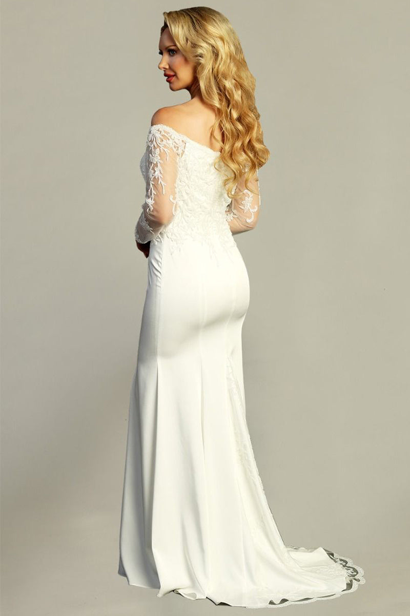 198-060-5X-W | Off-The-Shoulder Crepe Embroidered Mermaid Wedding Gown
