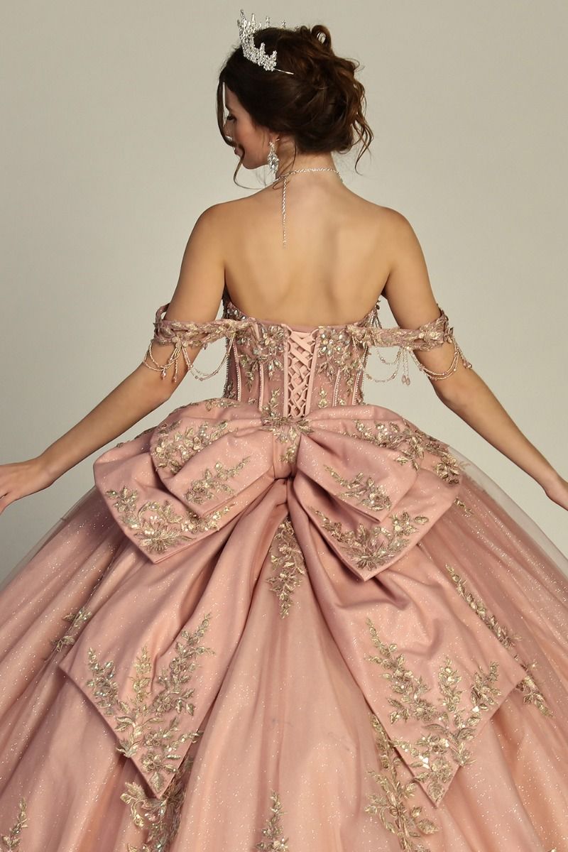 198-086-3X | Quinceanera Ball Gown with Ornate Gold Embroidery
