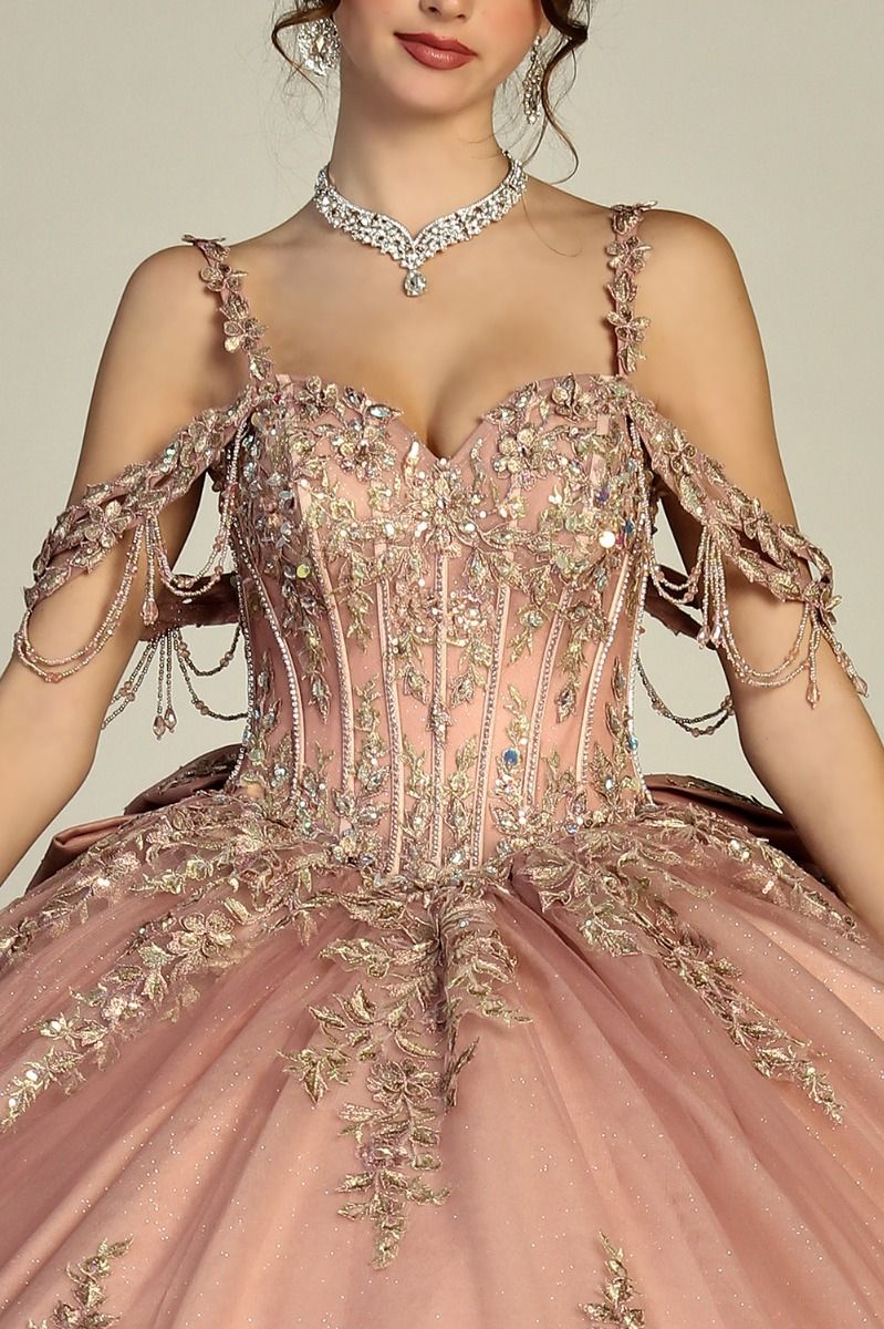 198-086-3X | Quinceanera Ball Gown with Ornate Gold Embroidery