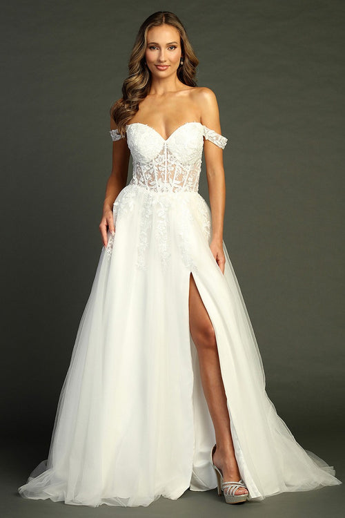 Ivory off shoulder tulle a-line wedding gown, front view
