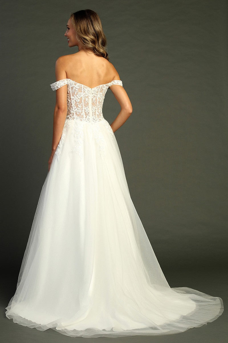 Ivory off shoulder tulle a-line wedding gown, back view