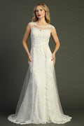 Ivory cap sleeve a-line wedding gown, front view